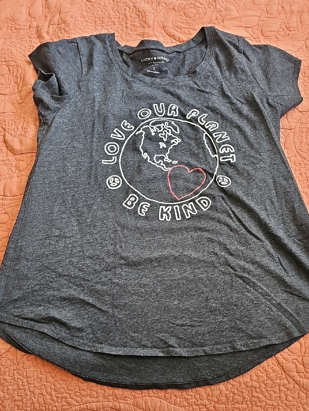 Lucky Brand Charcoal Graphic 'Love Our Planet Be Kind' Tee with Red Heart